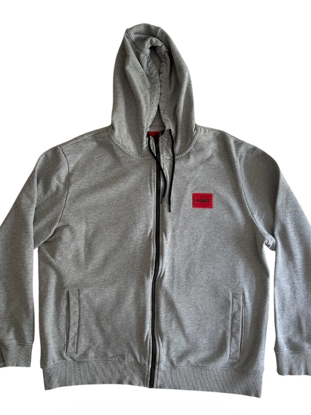 HUGO Gray Zip-Up Hoodie with Red Logo Patch, NWOT